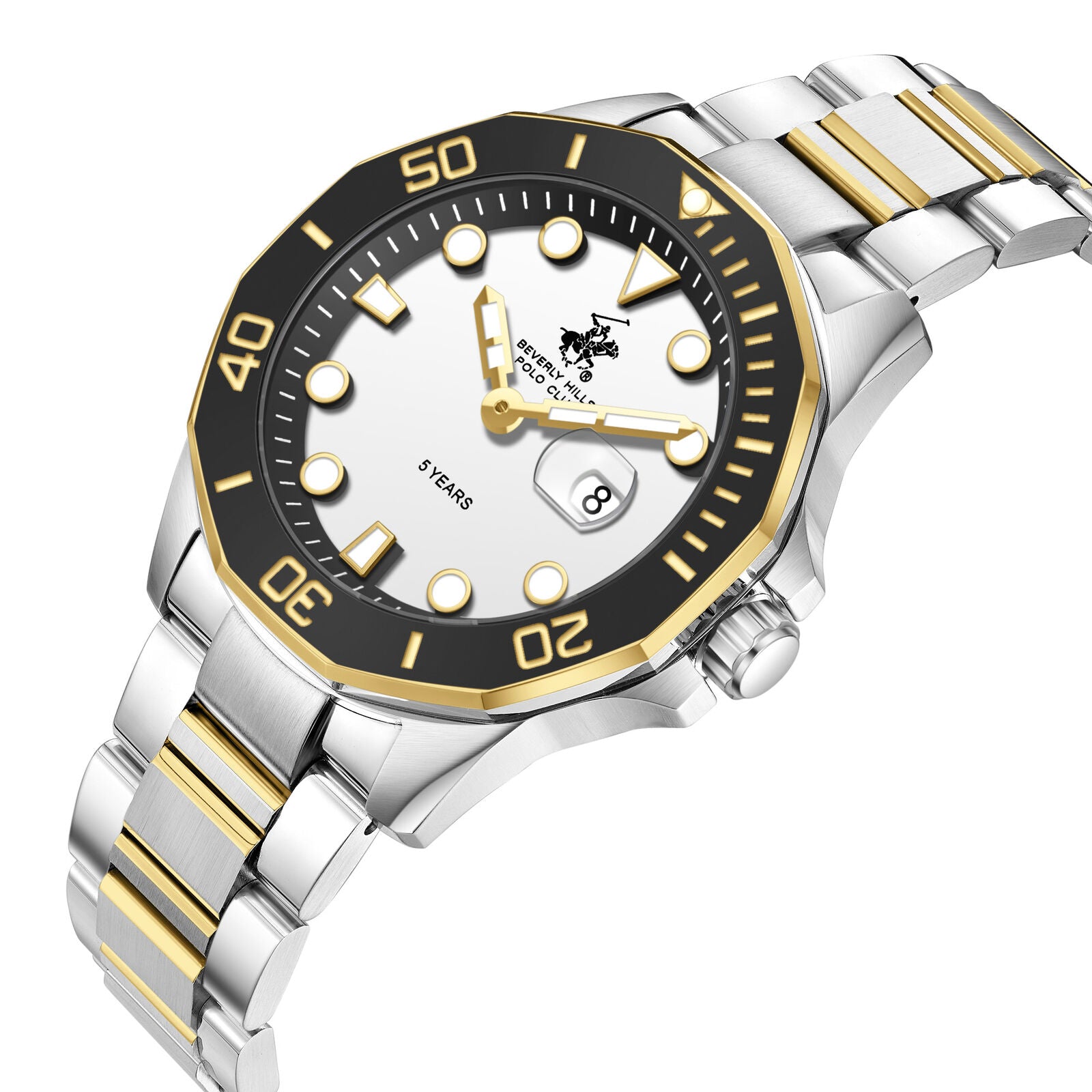 Beverly Hills Polo Club watch angled view showing two-tone stainless steel and gold bracelet with white dial and black bezel