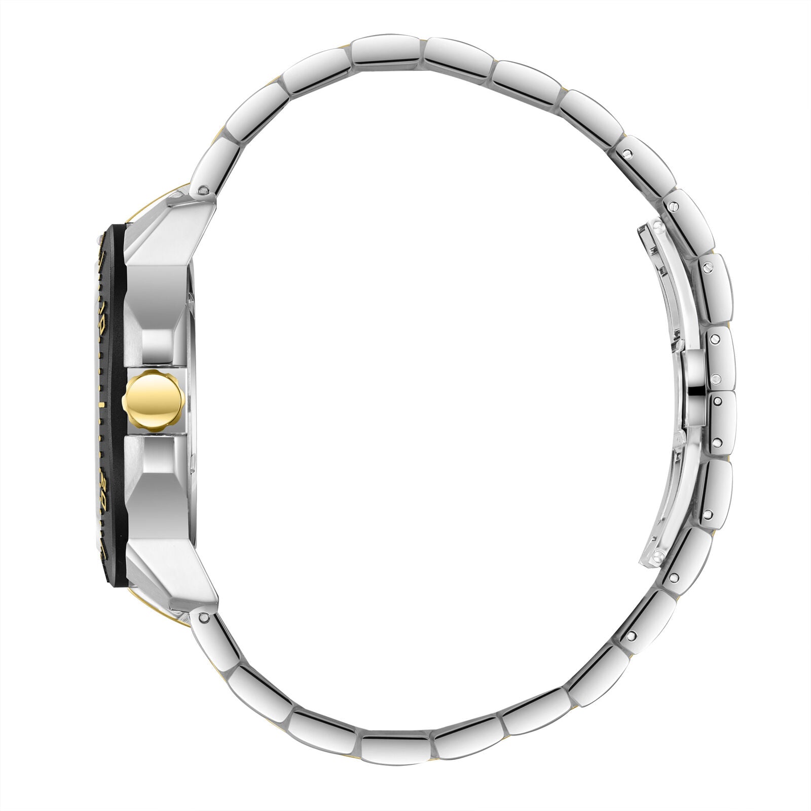 Side view of Beverly Hills Polo Club two-tone watch with black dial and metal bracelet