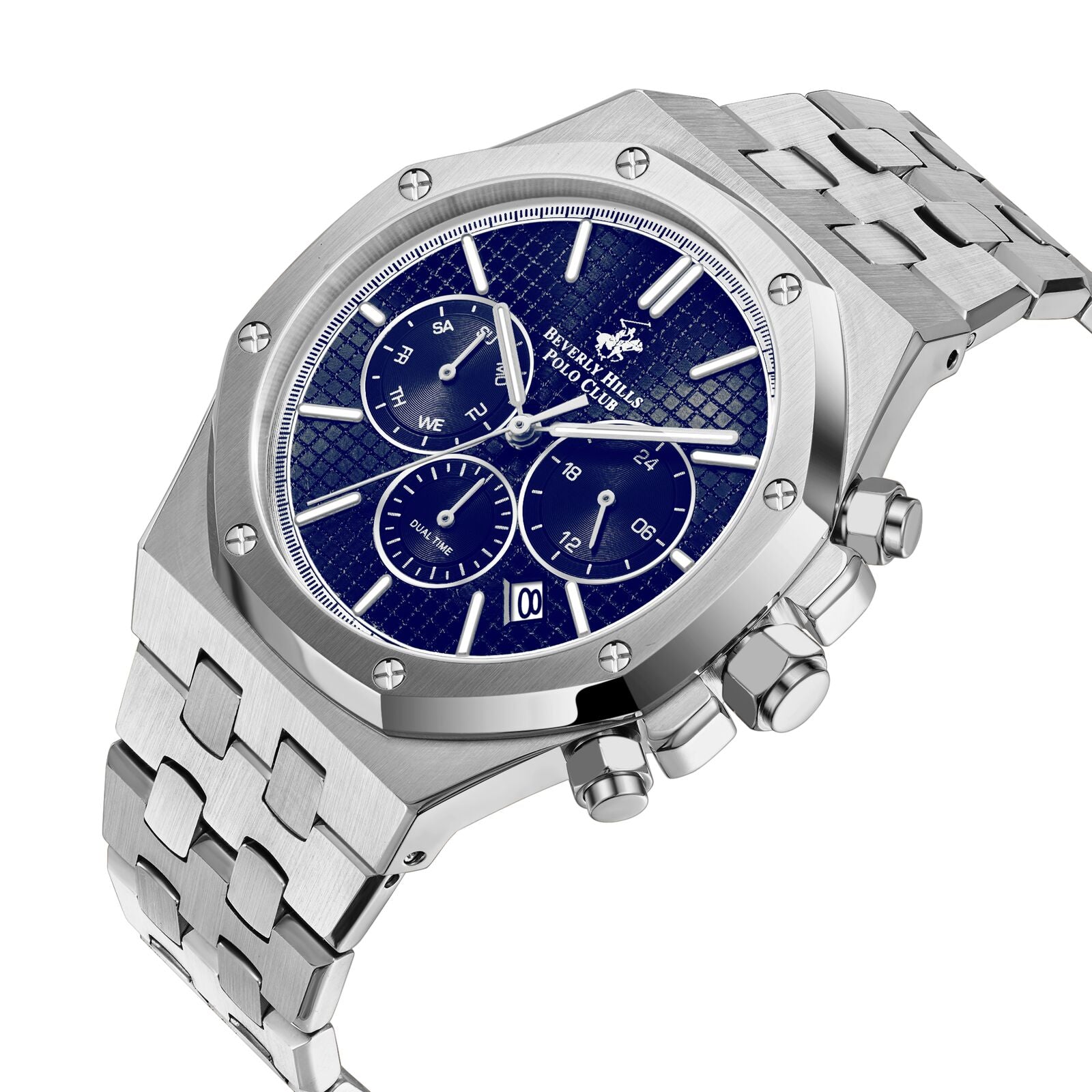 Beverly Hills Polo Club BP3051X.391 watch at angle showing silver bracelet and blue chronograph dial