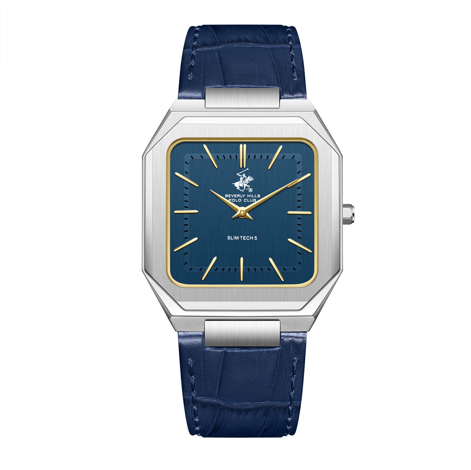 Beverly Hills Polo Club Slim Tech 5 blue dial silver watch with gold accents and navy leather strap