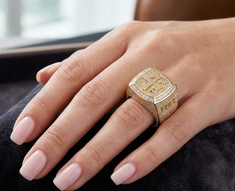 Big Daddy 4 Pockets Full iced out ring worn on hand showing square face and gold-tone band