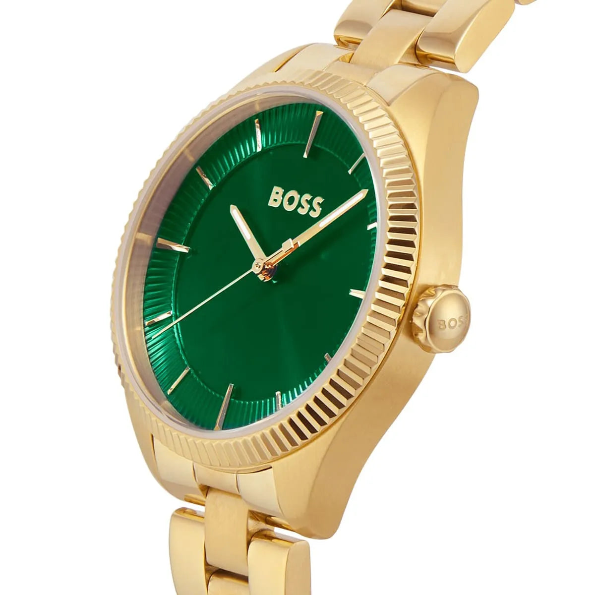 BOSS women's watch angled view showing green dial, gold case, and link bracelet