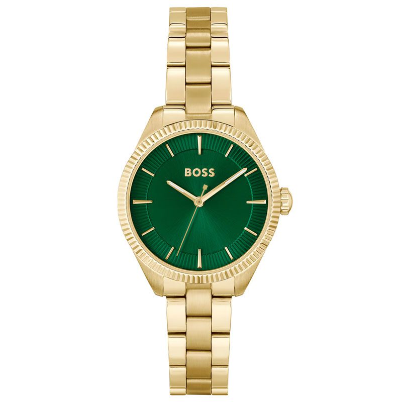 BOSS women's watch with gold steel case, green dial, and gold bracelet, front view