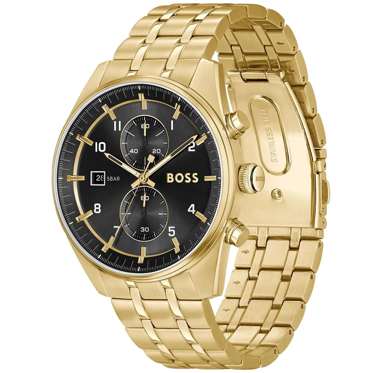 BOSS Ambassador chronograph watch displayed at angle showing black dial and gold bracelet