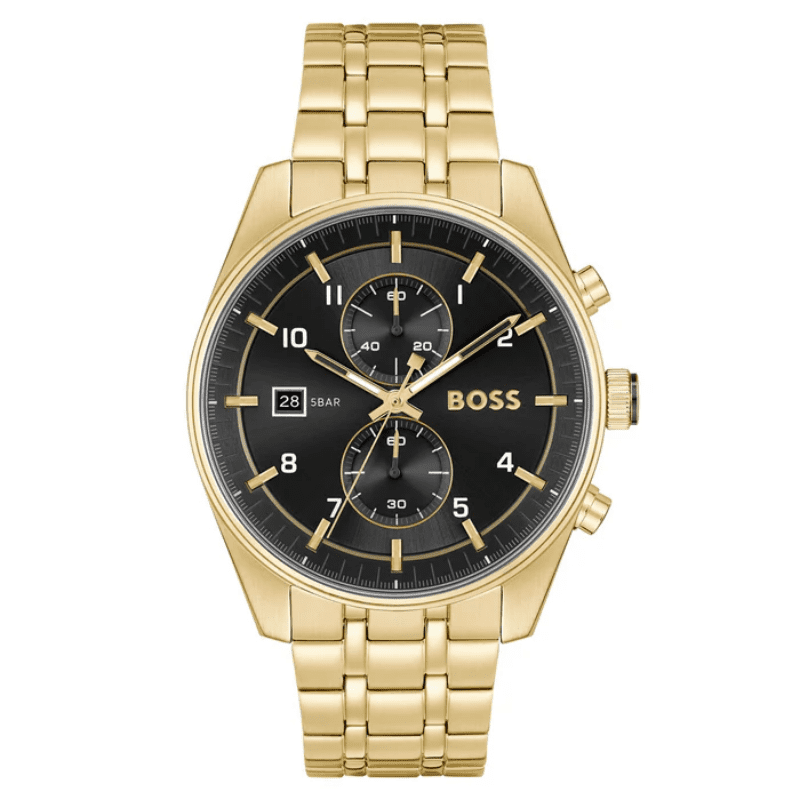 BOSS Ambassador men's chronograph watch with black dial and gold stainless steel bracelet