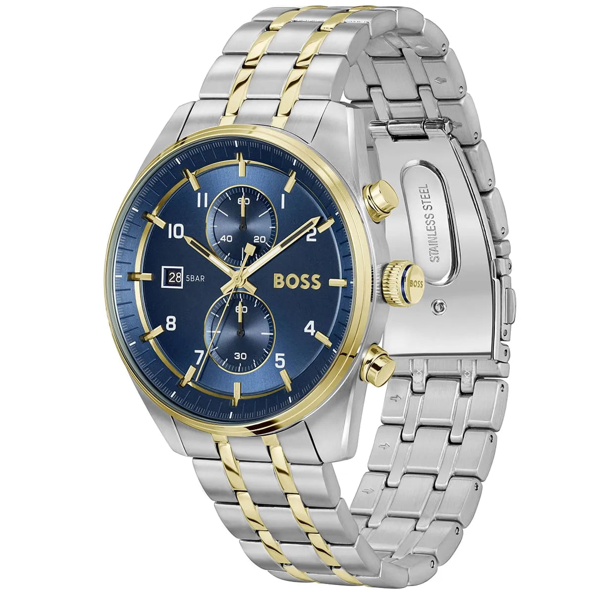 Hugo BOSS Skytraveller watch side angle view showing blue dial and two-tone metal bracelet