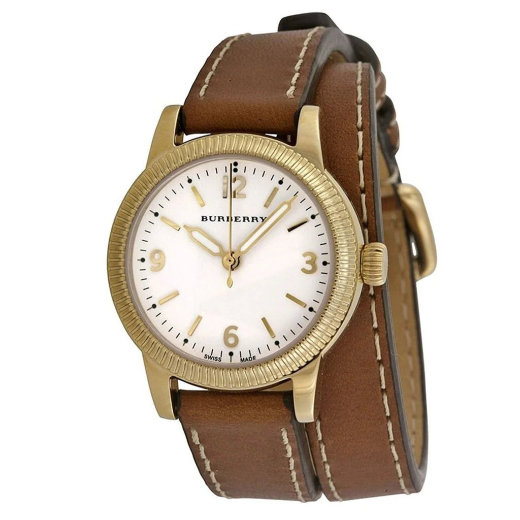 Burberry BU7850 watch angled view showing gold-tone case and wrapped brown leather strap with stitching
