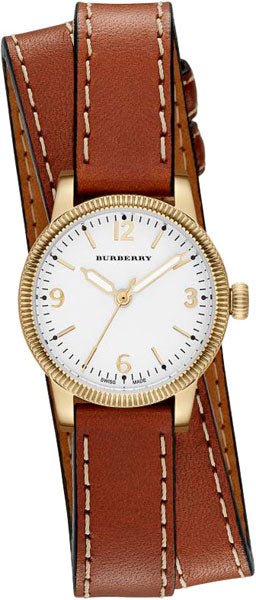 Burberry BU7850 women's watch with white dial, gold-tone case, and brown leather double-wrap strap