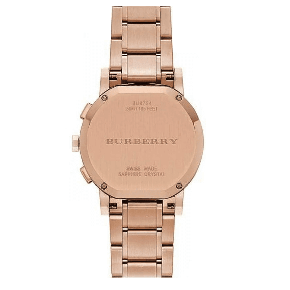 Rose gold caseback engraved with Burberry branding, model number, and Swiss made marking