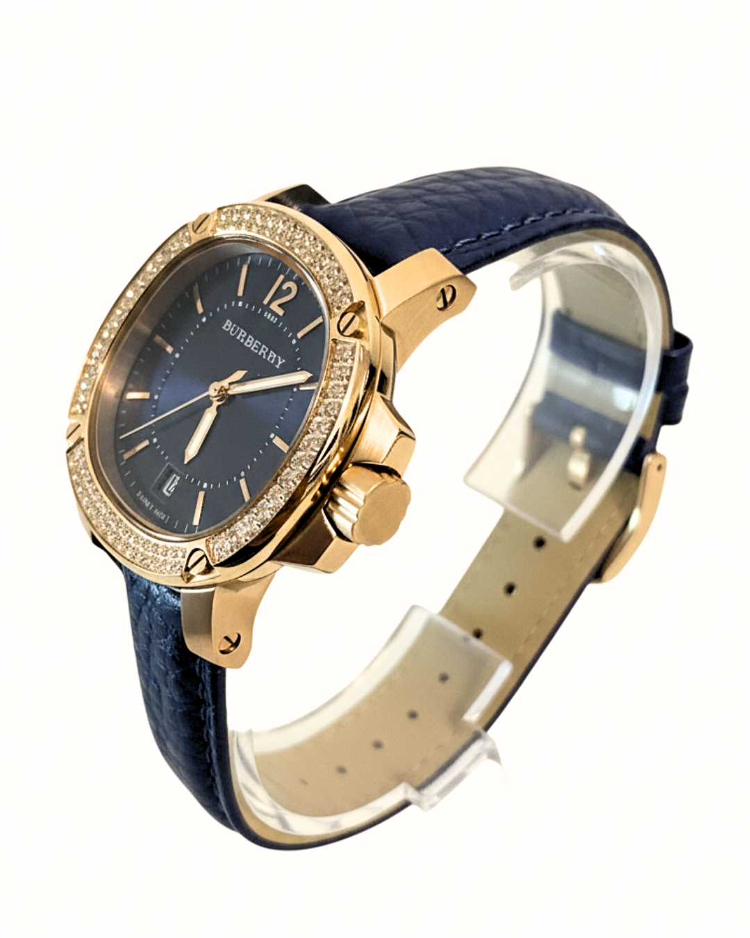 Burberry rose gold ladies watch angled view showing side profile and strap detail