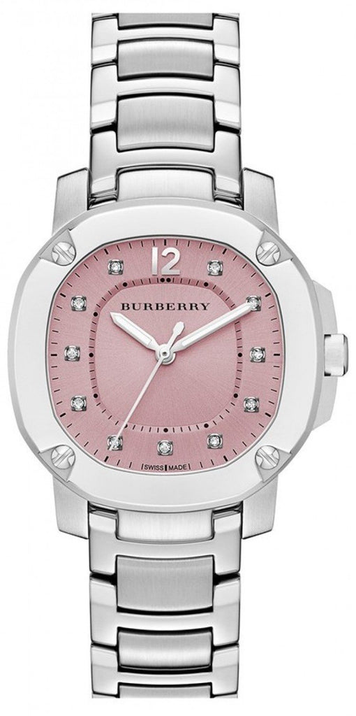 Burberry Britain women's watch with pink dial, diamond hour markers, and silver steel bracelet