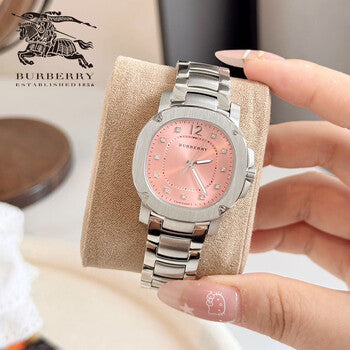Burberry Britain BBY1805 with pink dial and diamond markers on wrist