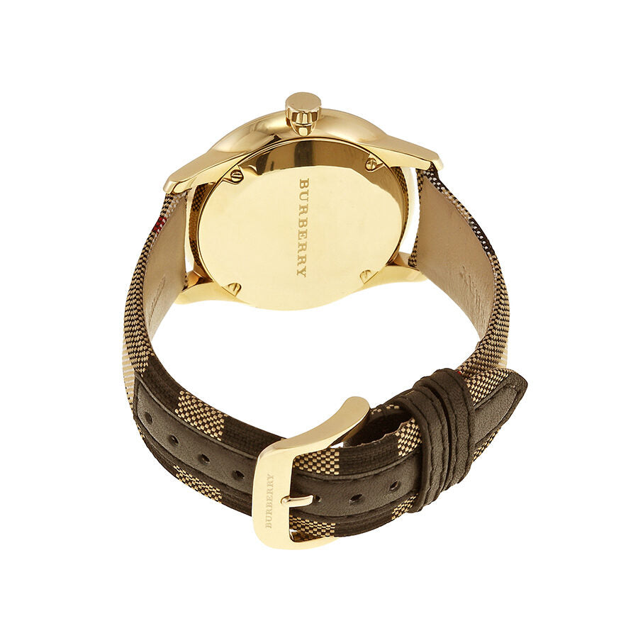 Burberry BU10001 case back showing gold-tone case with fabric check pattern strap