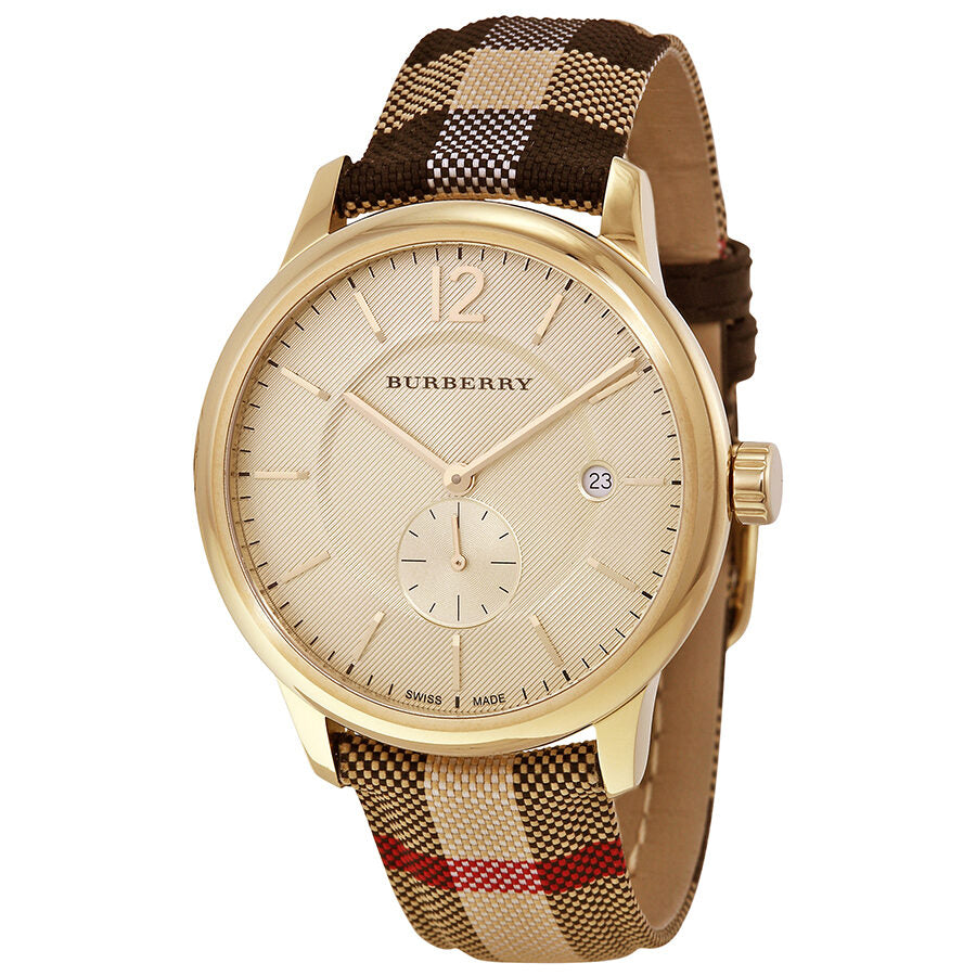 Burberry BU10001 unisex watch with honey dial, gold-tone case, and check pattern fabric strap