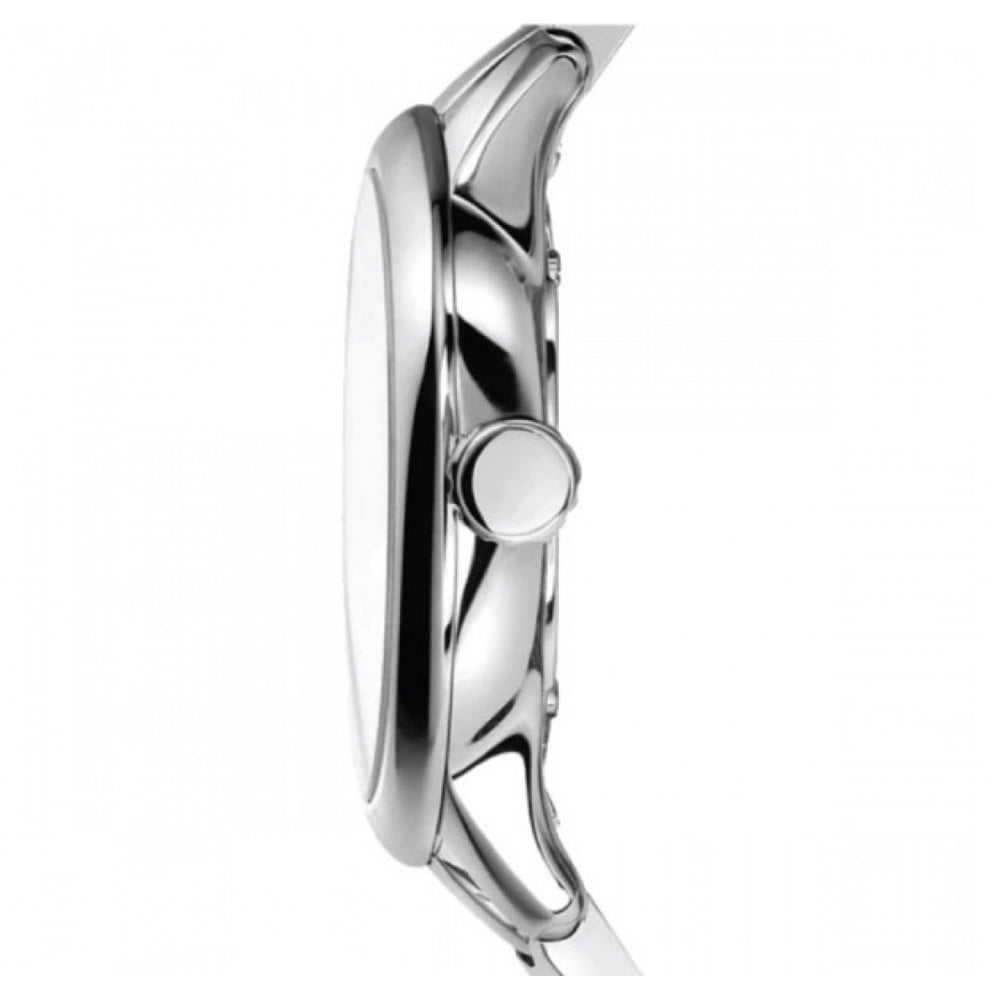 Side profile of Burberry BU10111 watch showing polished silver case and bracelet