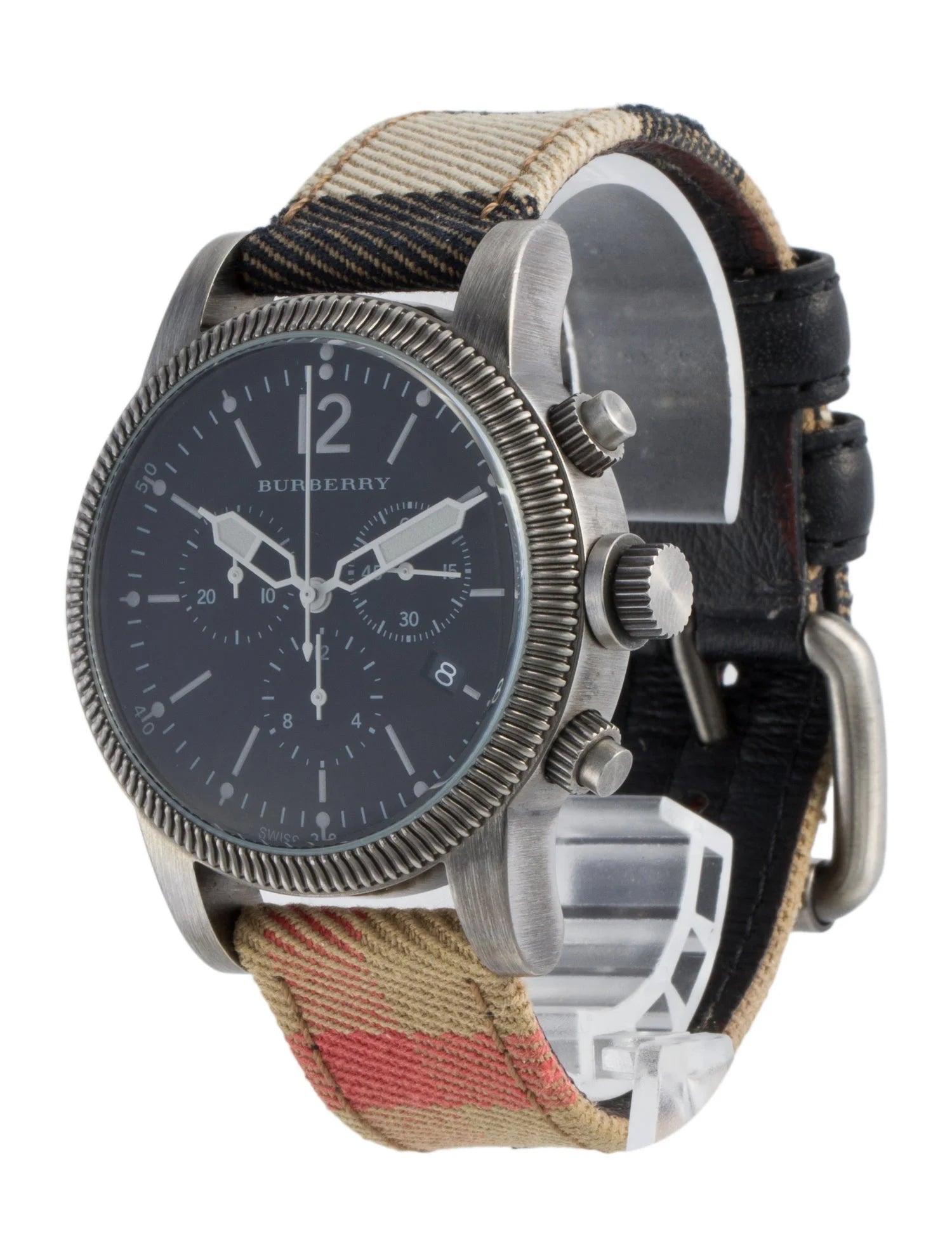 Burberry BU7815 utilitarian chronograph with tri-tone leather strap angled view