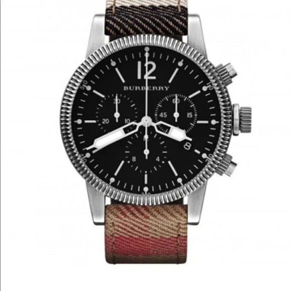 Burberry BU7815 black dial chronograph with tri-tone strap front view