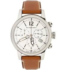 Burberry BU7817 watch angled view showing silver case, white dial, and brown leather strap