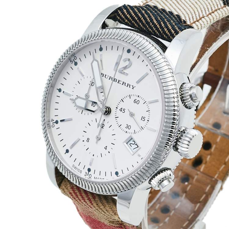 Burberry BU7820 chronograph watch from side angle showing white dial and multicolour strap