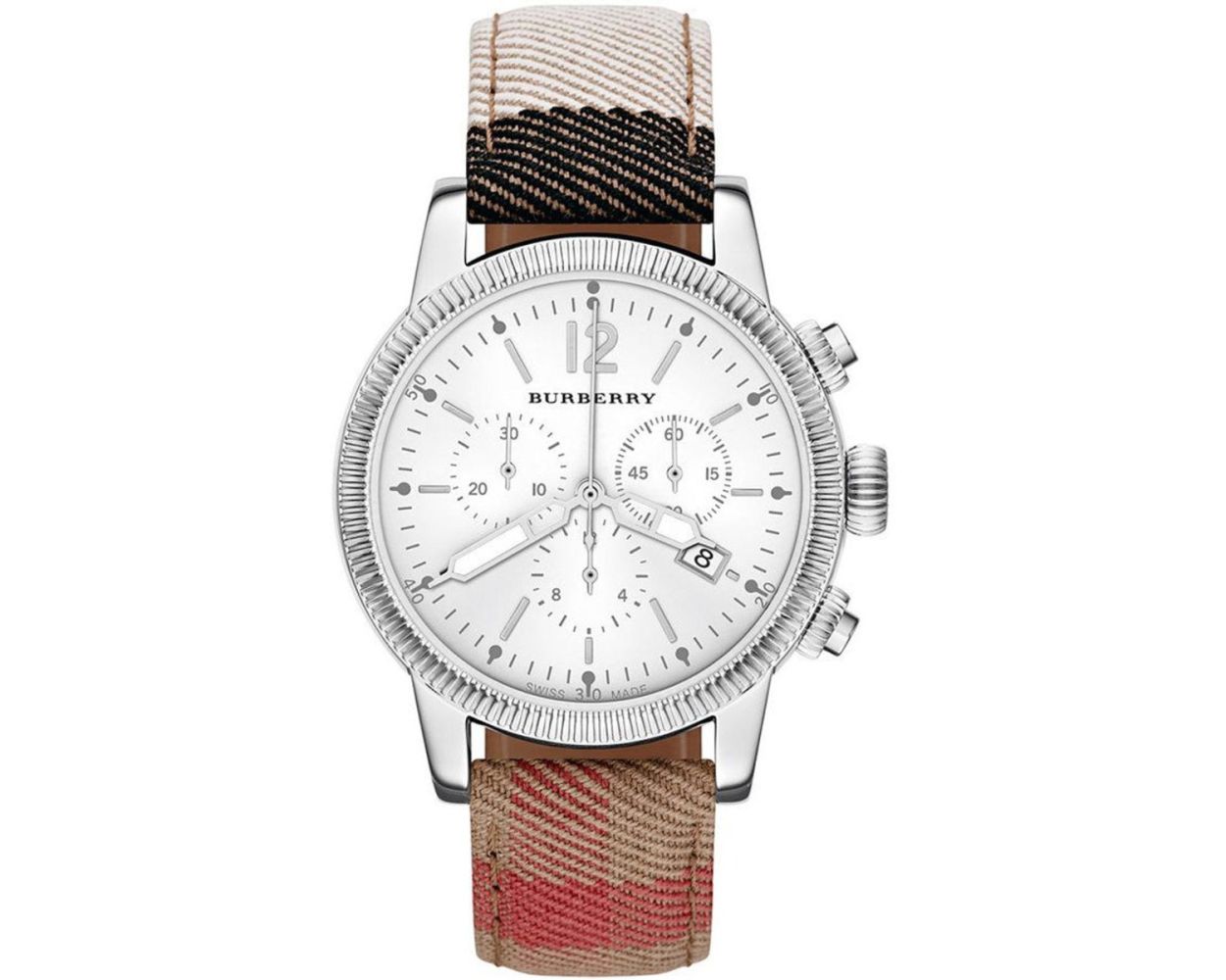 Burberry BU7820 watch with white chronograph dial and multicolour leather strap