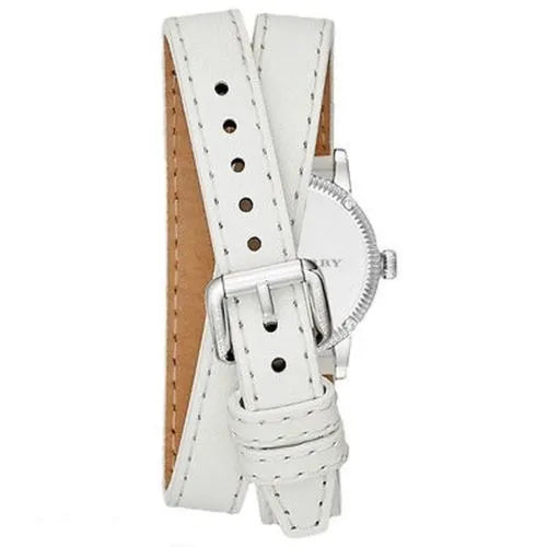 Watch viewed from side showing white leather strap with tan backing and buckle