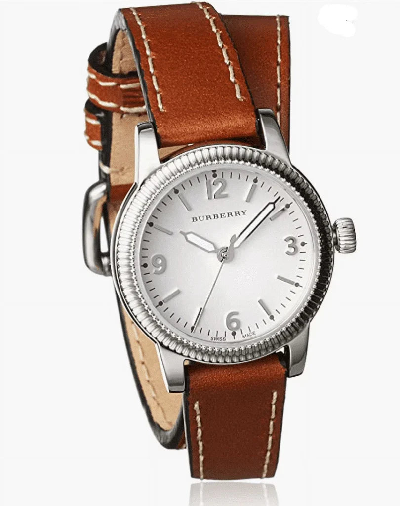 Burberry BU7848 watch at angle showing stainless steel case and brown leather strap