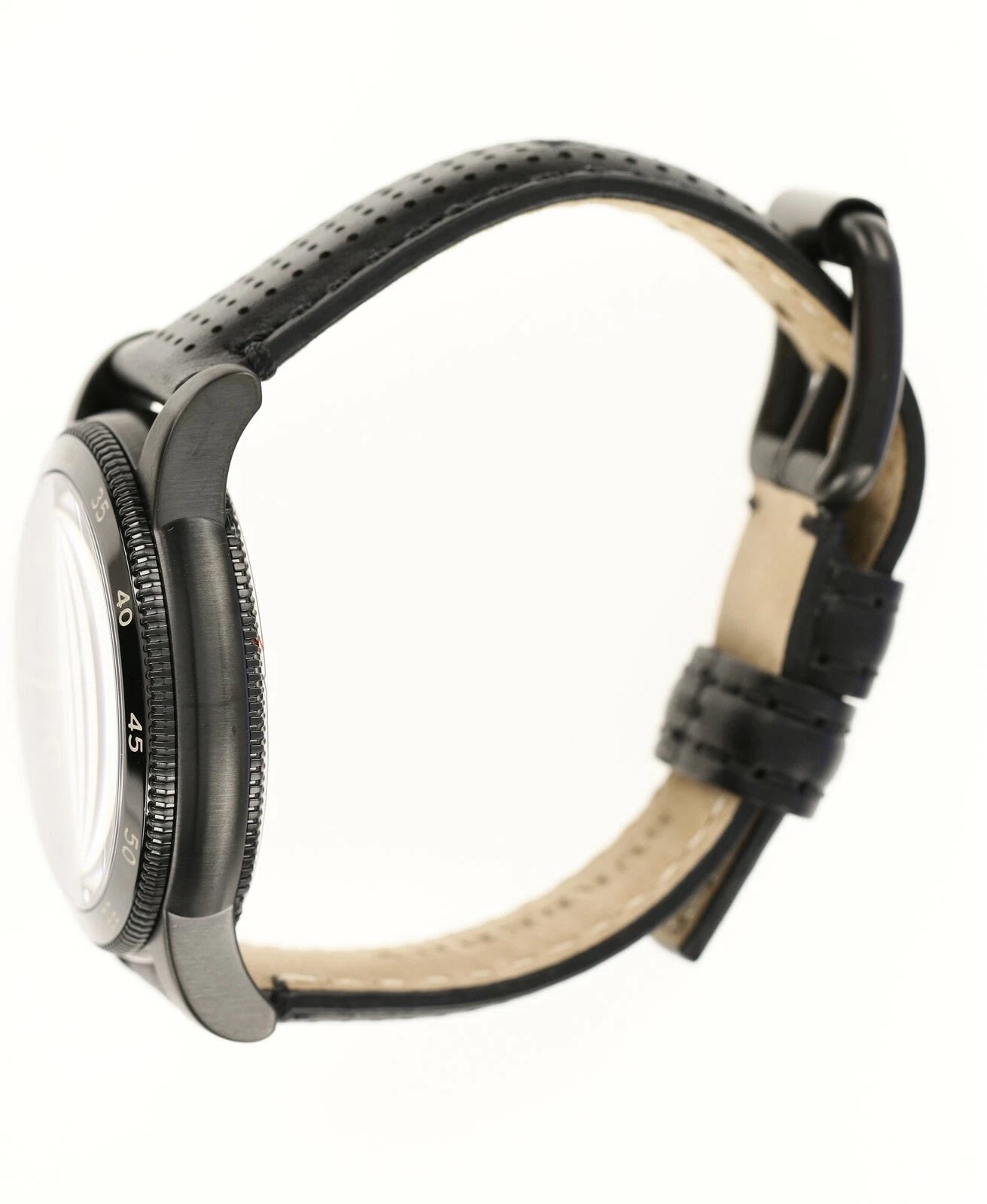 Burberry Utilitarian GMT watch on wrist showing black steel case with cream and black leather strap