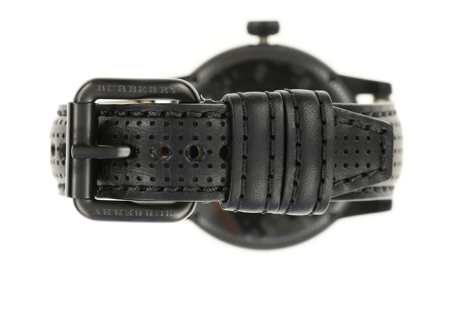 Burberry Utilitarian GMT black perforated leather strap with Burberry buckle, cream suede lining