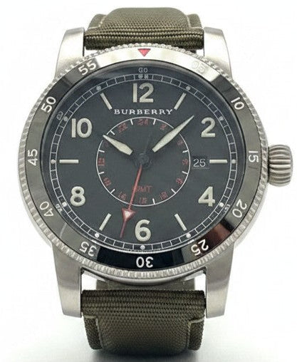 Burberry BU7868 black dial utilitarian watch with olive nylon strap and 42mm steel case