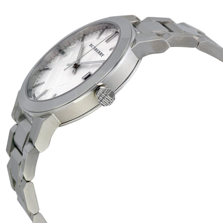 Burberry BU9000 watch side profile showing stainless steel bracelet and case