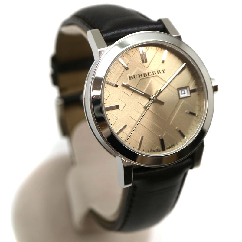 Burberry BU9011 men's watch angled view showing fawn dial and brown leather strap