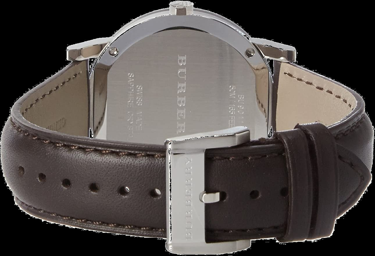 Burberry BU9011 watch caseback view displaying brown leather strap and back case engraving