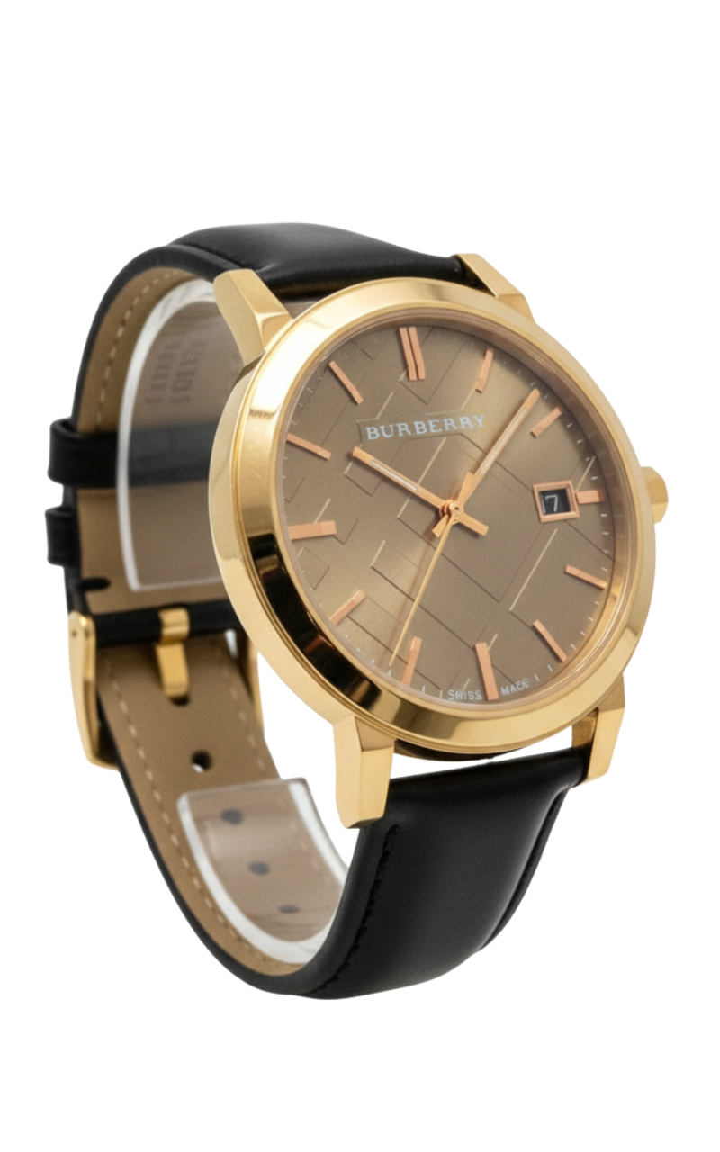 Burberry BU9013 watch side profile view with rose gold case and brown leather strap