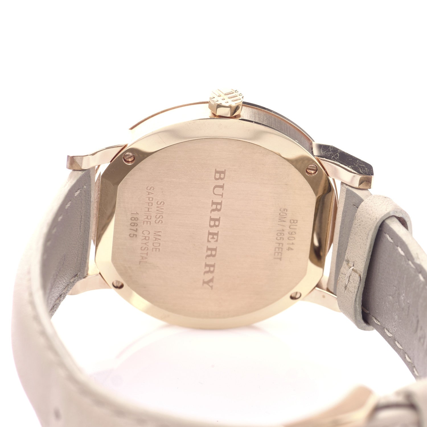Burberry BU9014 watch caseback showing engraved branding and specifications