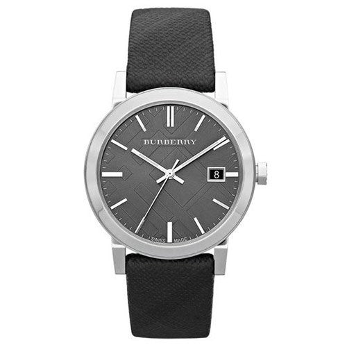 Burberry BU9024 unisex watch with black dial, silver case, and black leather strap front view