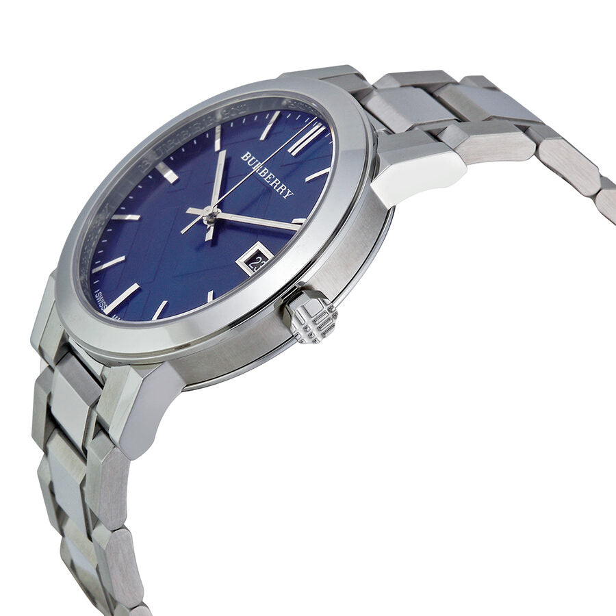 Burberry BU9031 watch shown at angle displaying blue dial and stainless steel bracelet