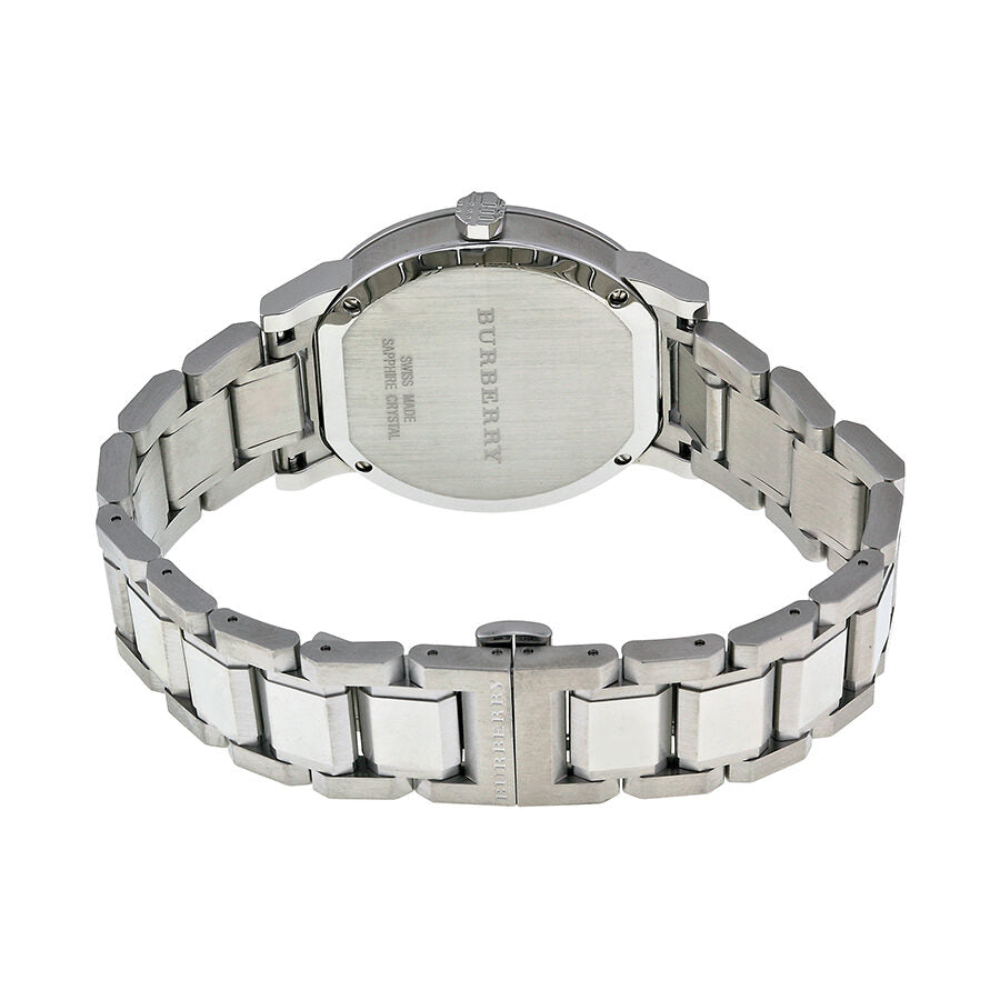 Caseback view of Burberry BU9031 stainless steel watch showing engraved Burberry branding