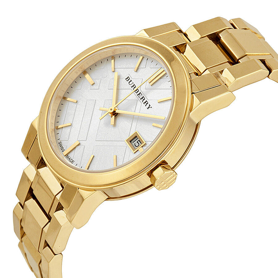 Burberry BU9103 gold-tone watch at angle showing dial and bracelet