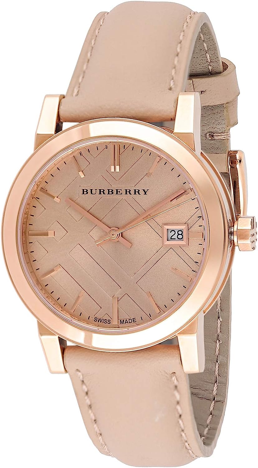 Burberry rose gold tone women's watch with beige leather strap and check patterned dial