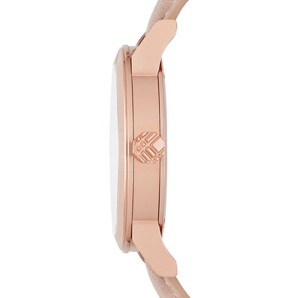 Side profile of Burberry BU9109 rose gold watch showing case thickness and leather strap