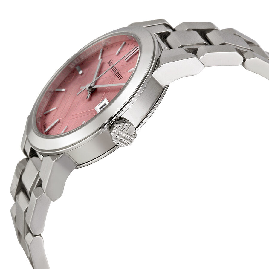 Side angle view of Burberry BU9124 watch showing pink dial and stainless steel bracelet