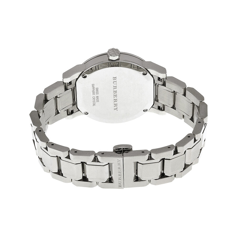 Caseback of Burberry BU9124 watch showing stainless steel back with branding
