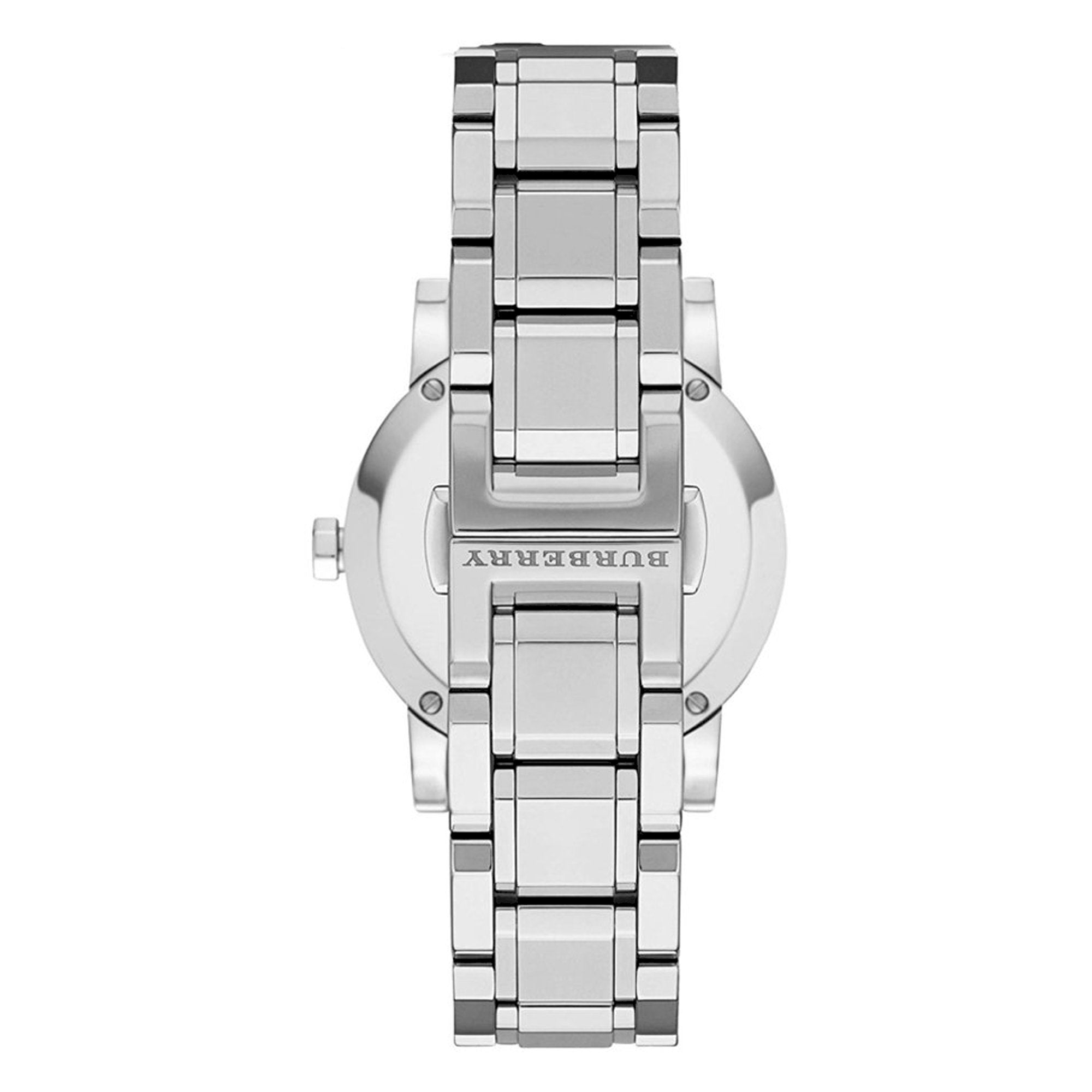 Burberry BU9125 watch caseback showing silver stainless steel bracelet and engraved logo