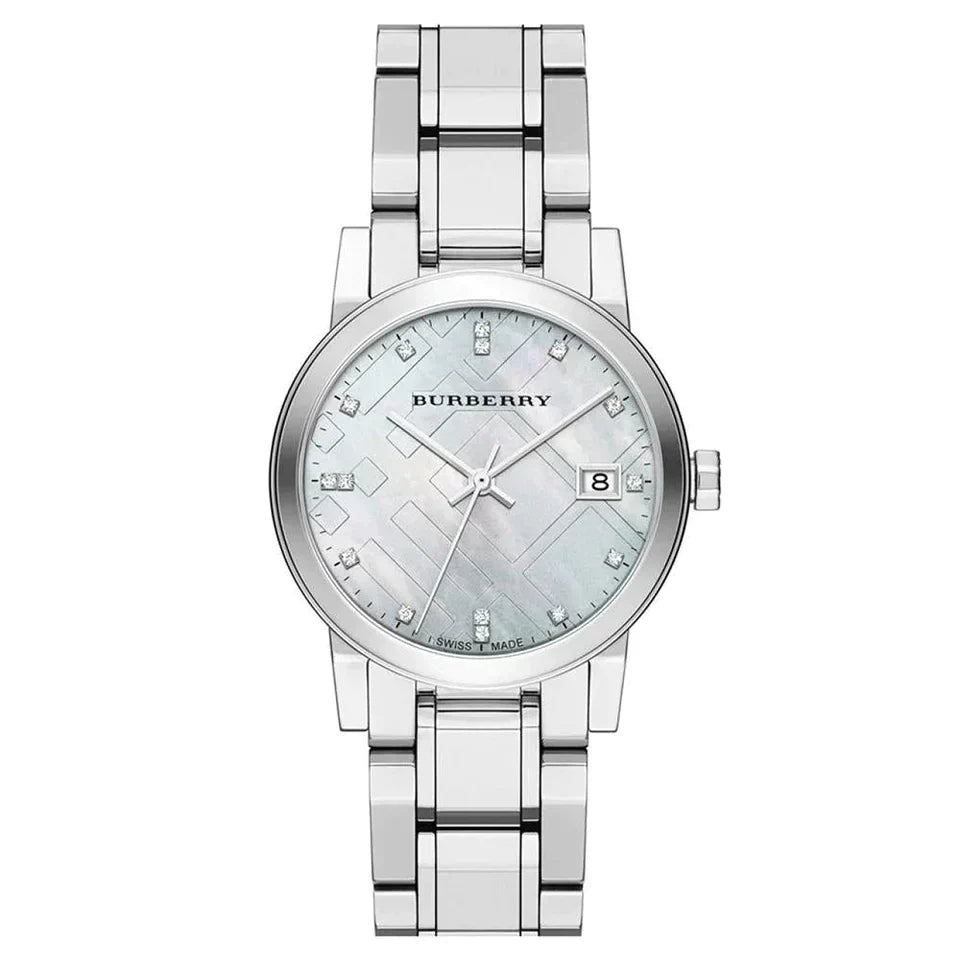 Burberry BU9125 silver stainless steel women's watch with mother-of-pearl dial and date window