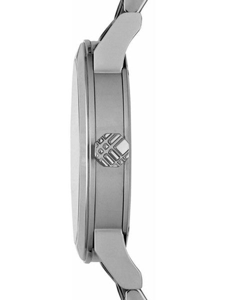 Side profile of Burberry BU9125 watch showing silver stainless steel case and lugs