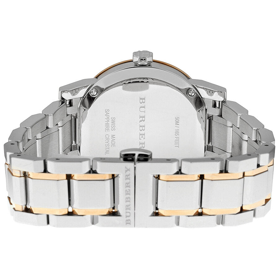 Burberry BU9127 caseback view displaying engraved text and two-tone bracelet