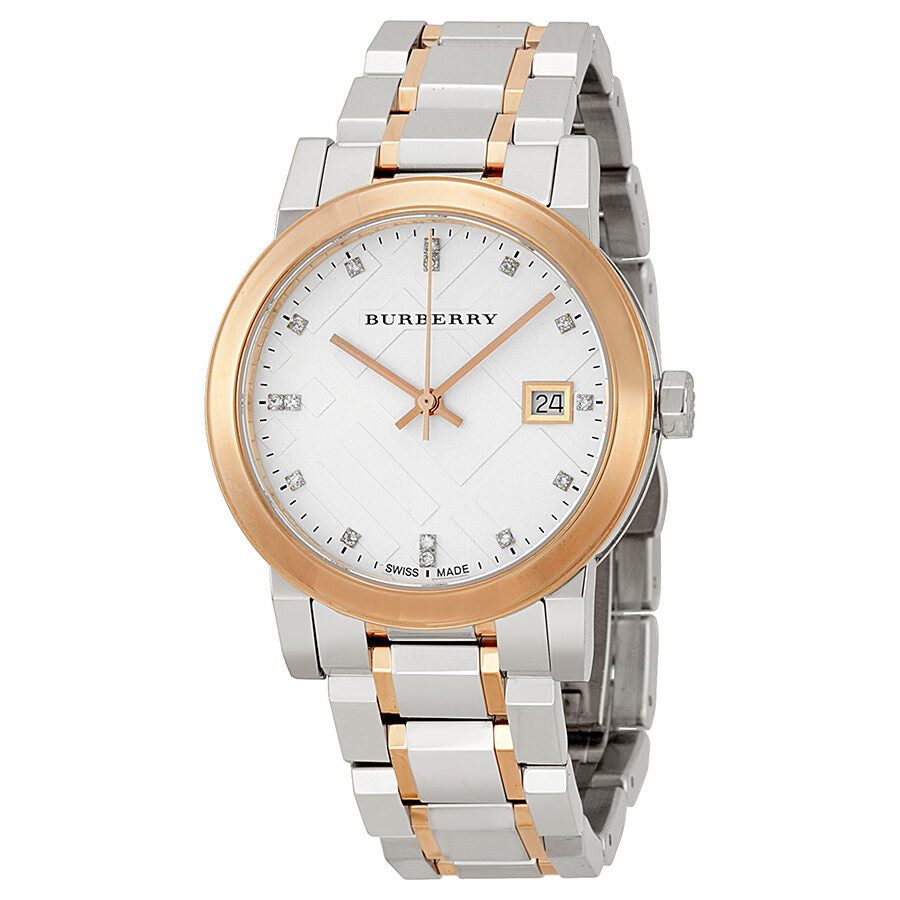 Burberry BU9127 silver dial ladies watch with rose gold and stainless steel two-tone bracelet