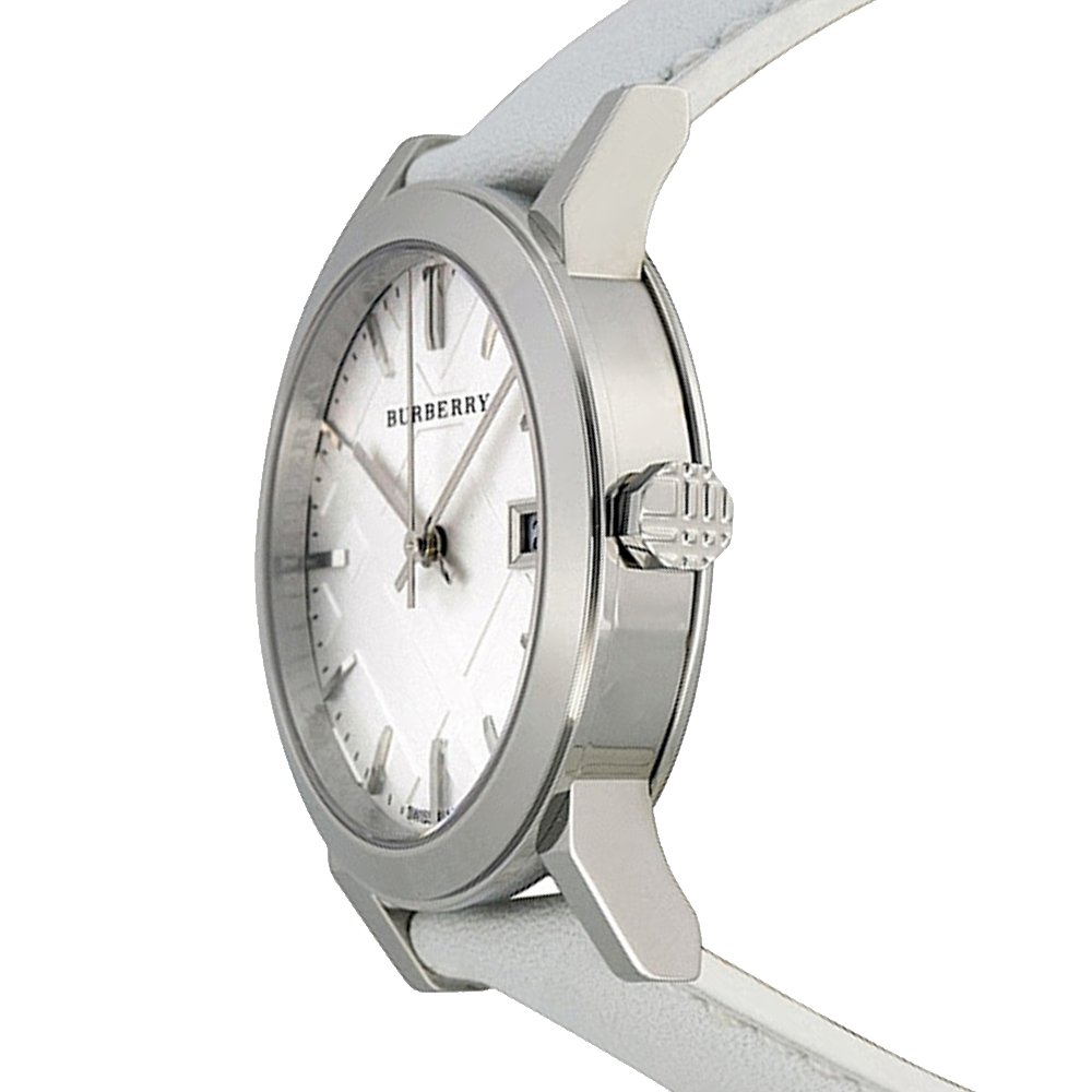 Burberry BU9128 side angle view showing white leather strap and case profile