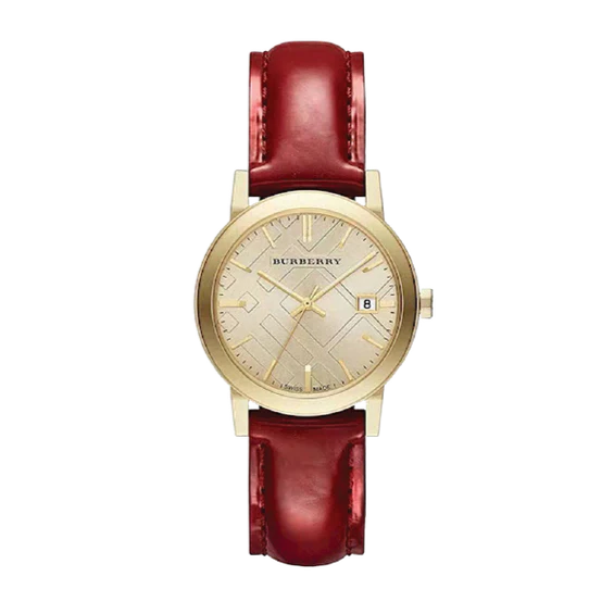 Burberry BU9140 watch from angled view showing gold case and red patent leather strap