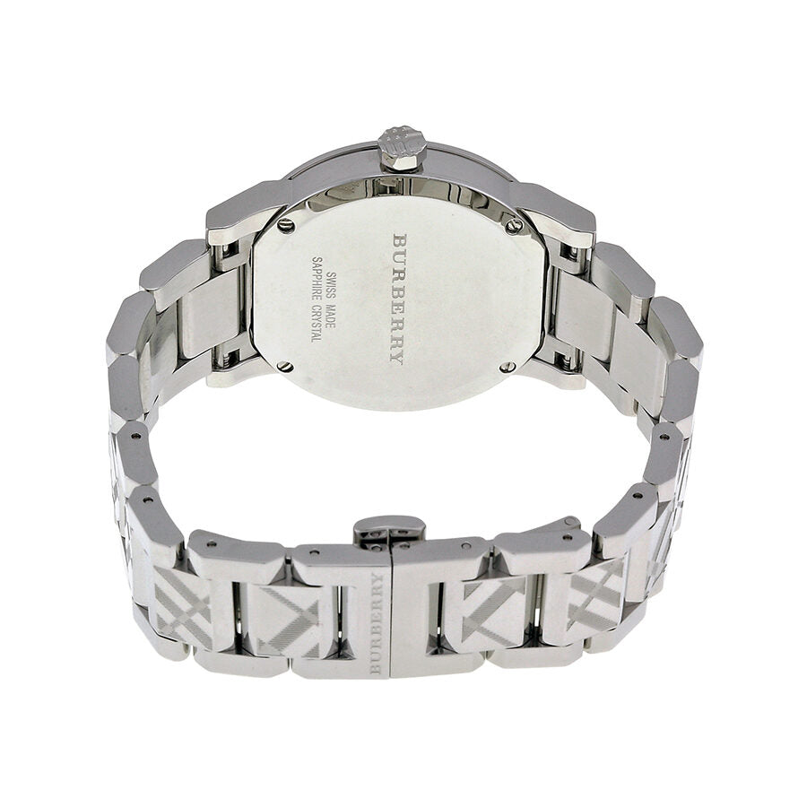 Burberry BU9144 caseback showing stainless steel with Burberry branding and check pattern